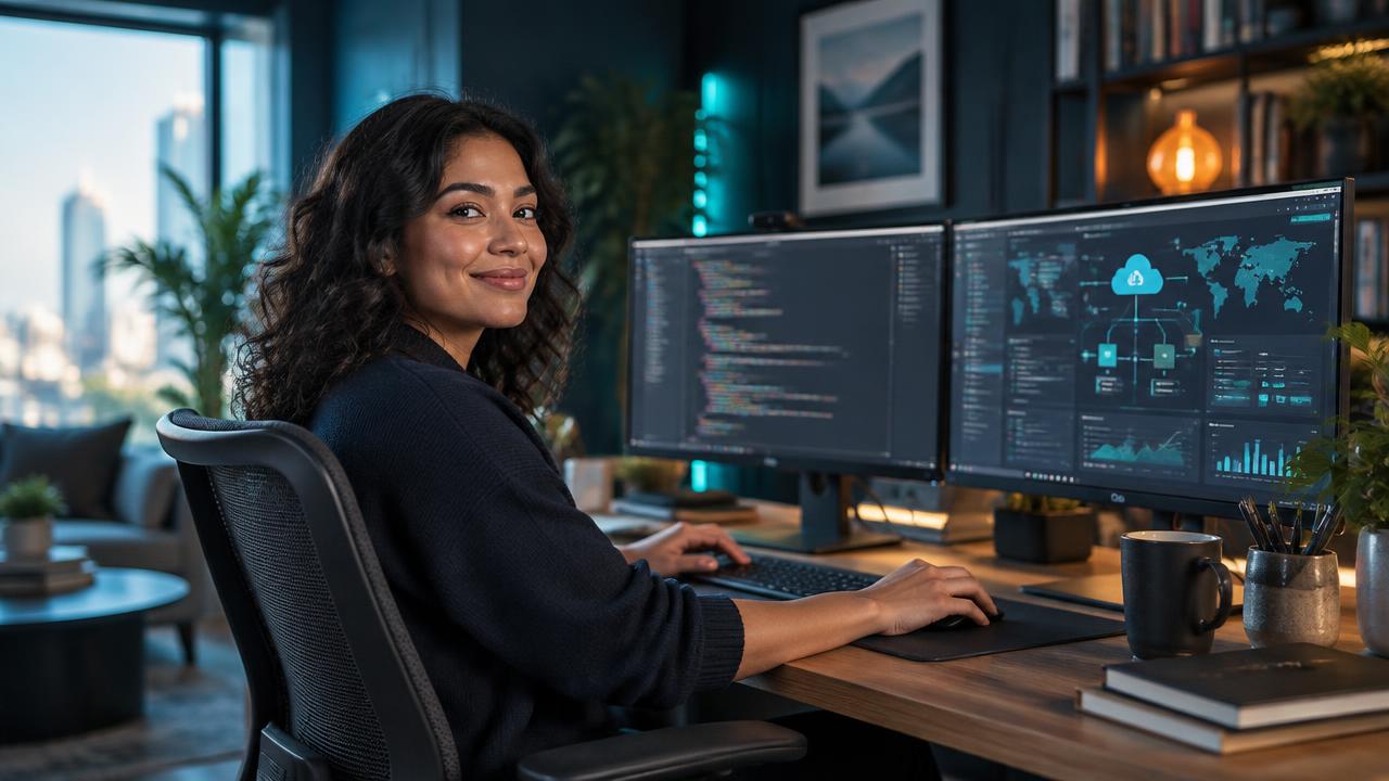 Software engineer working at dual monitors in a modern office